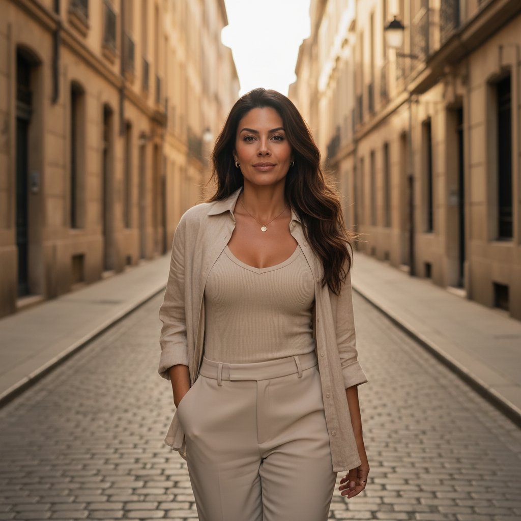 Sailor Delacroix in a minimalist beige outfit, elegant everyday style look on a warm stone street.